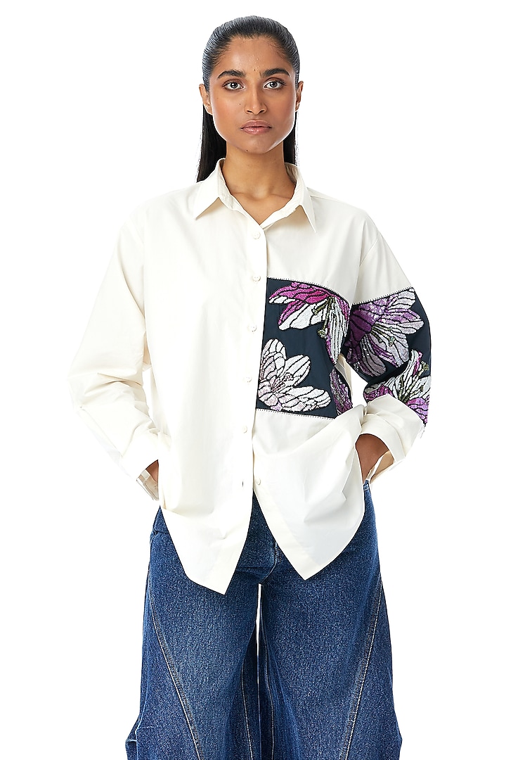 White Cotton Embellished Shirt by Kanika Goyal