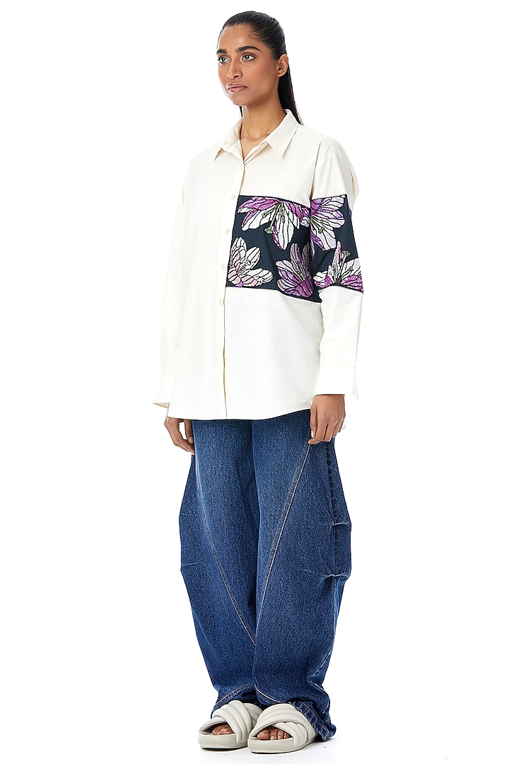 White Cotton Embellished Shirt by Kanika Goyal at Pernia's Pop Up Shop