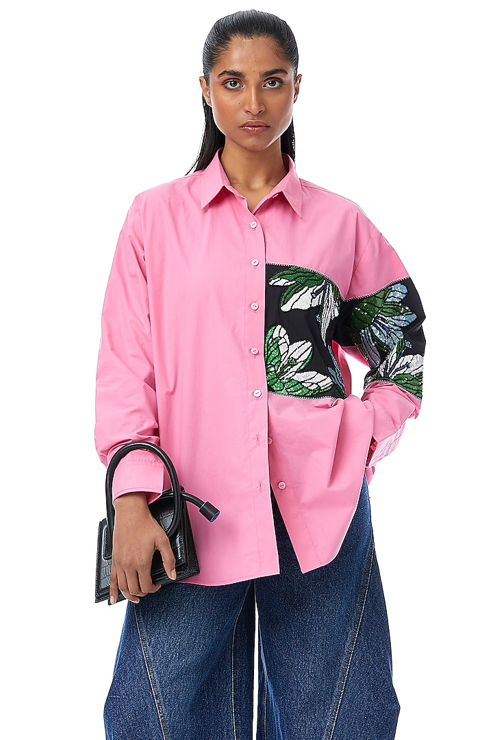 Pink Cotton Embellished Shirt by Kanika Goyal