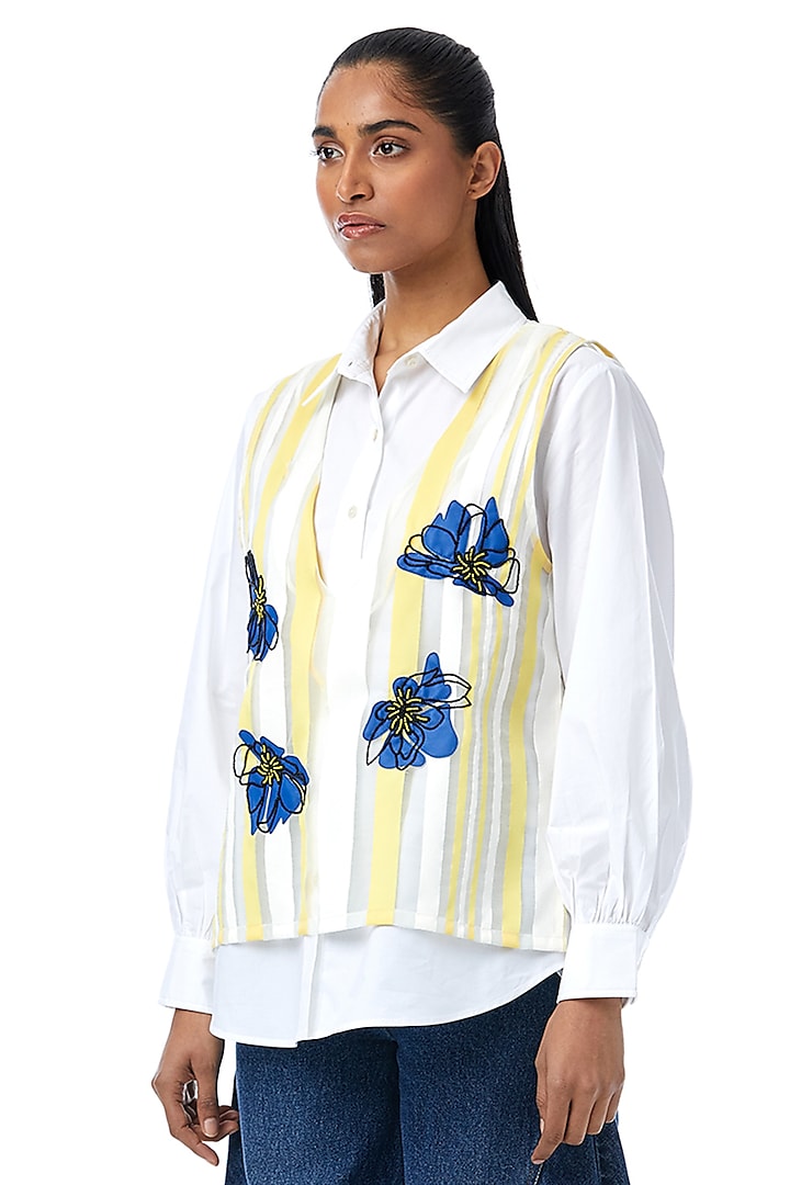 White Cotton Oversized Shirt With Embellished Overlay by Kanika Goyal
