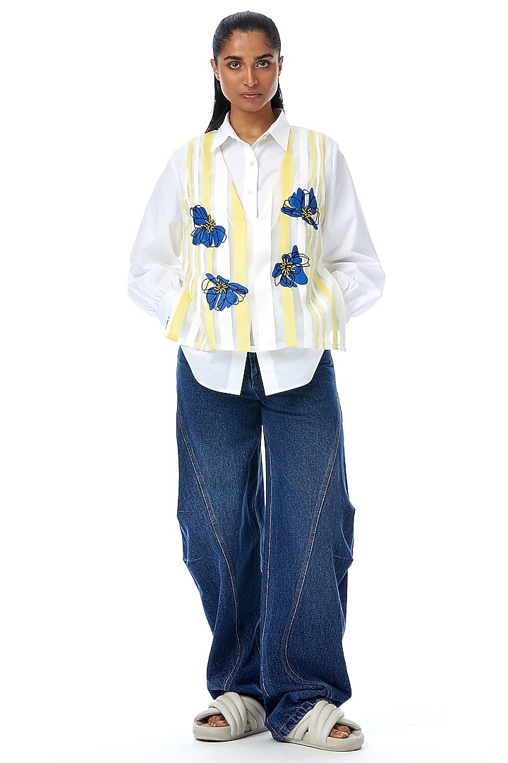 White Cotton Oversized Shirt With Embellished Overlay by Kanika Goyal at Pernia's Pop Up Shop