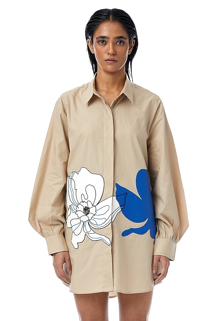 Beige Cotton Applique Embellished Oversized Shirt Dress by Kanika Goyal