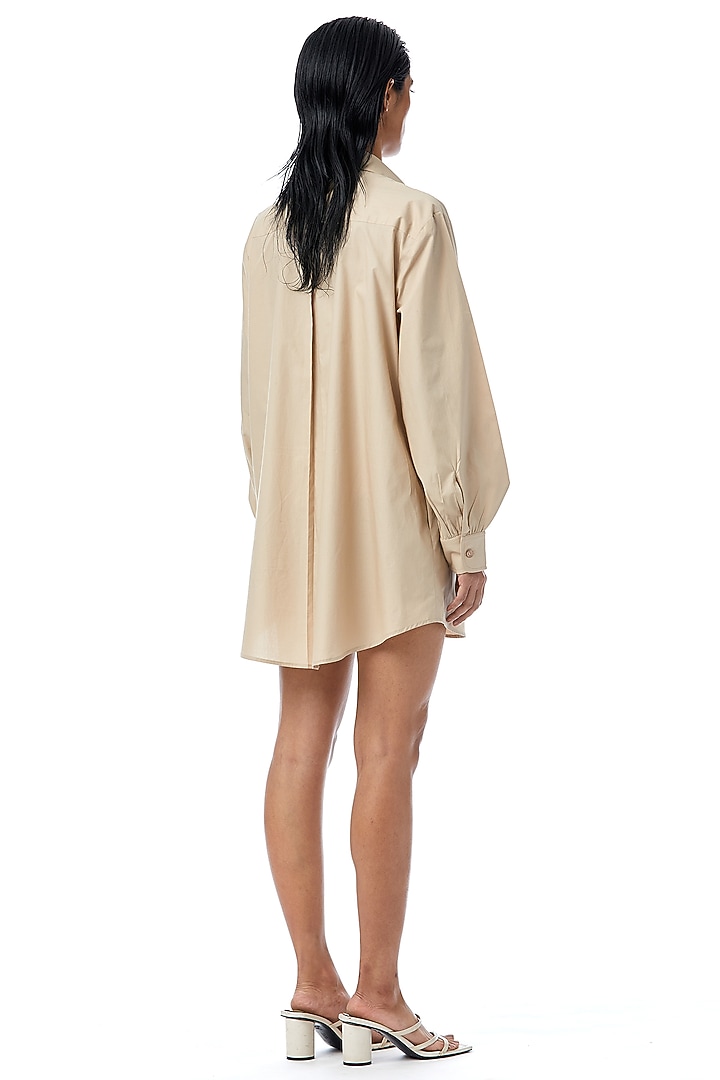Beige Cotton Applique Embellished Oversized Vacation Shirt Dress by Kanika Goyal at Pernia's Pop Up Shop