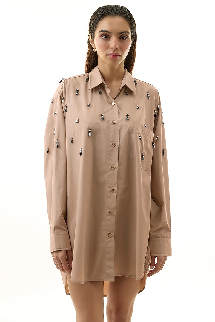 Beige Cotton Embellished Shirt by Kanika Goyal at Pernia's Pop Up Shop