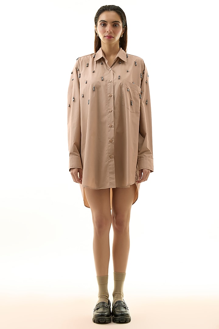 Beige Cotton Embellished Shirt by Kanika Goyal at Pernia's Pop Up Shop