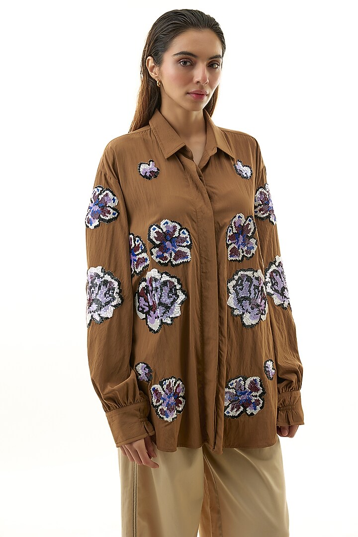 Brown Cotton Embellished Shirt by Kanika Goyal at Pernia's Pop Up Shop