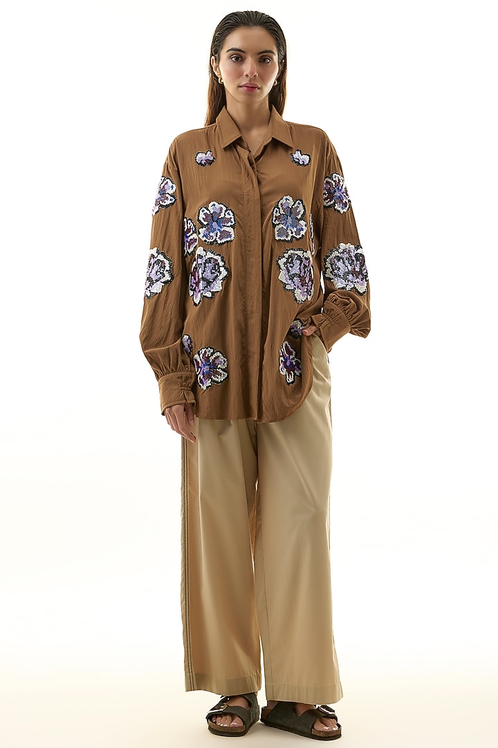 Brown Cotton Embellished Shirt by Kanika Goyal at Pernia's Pop Up Shop