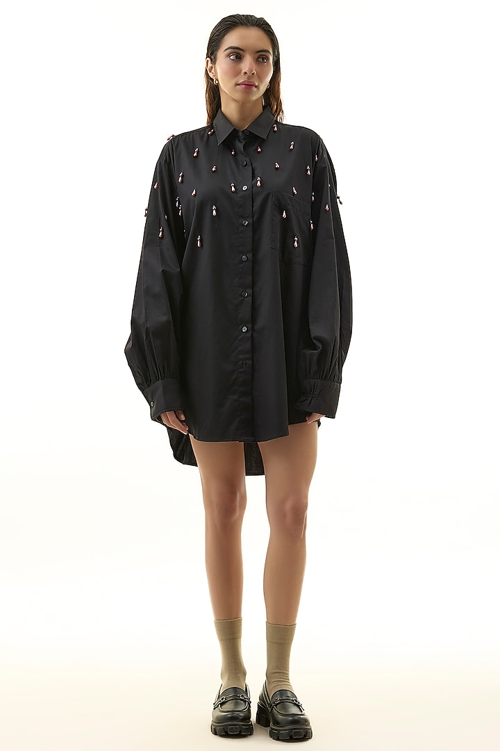 Black Cotton Embellished Shirt by Kanika Goyal at Pernia's Pop Up Shop