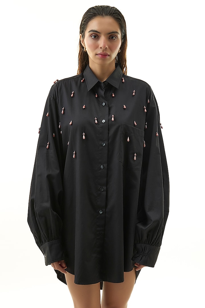 Black Cotton Embellished Shirt by Kanika Goyal at Pernia's Pop Up Shop