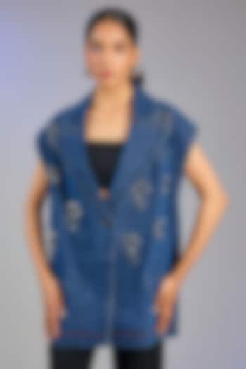 Blue Denim & Cotton Embellished Vest by Kanika Goyal at Pernia's Pop Up Shop