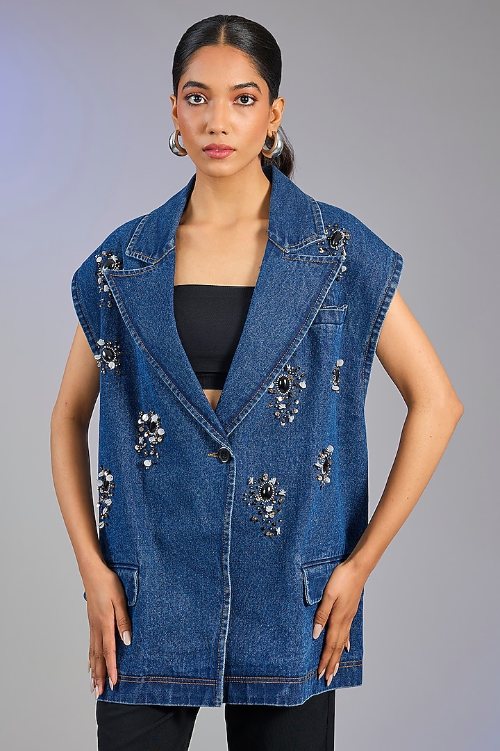 Blue Denim & Cotton Embellished Vest by Kanika Goyal at Pernia's Pop Up Shop