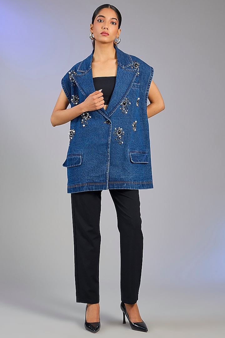 Blue Denim & Cotton Embellished Vest by Kanika Goyal at Pernia's Pop Up Shop