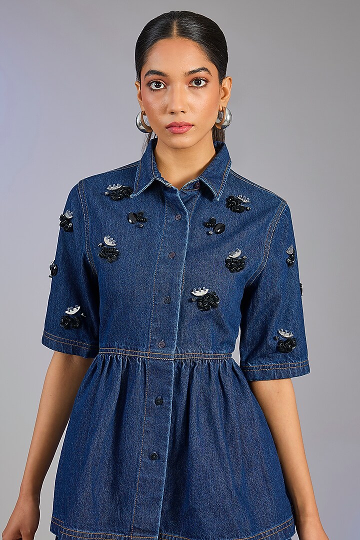 Blue Denim & Cotton Embellished Peplum Top by Kanika Goyal at Pernia's Pop Up Shop