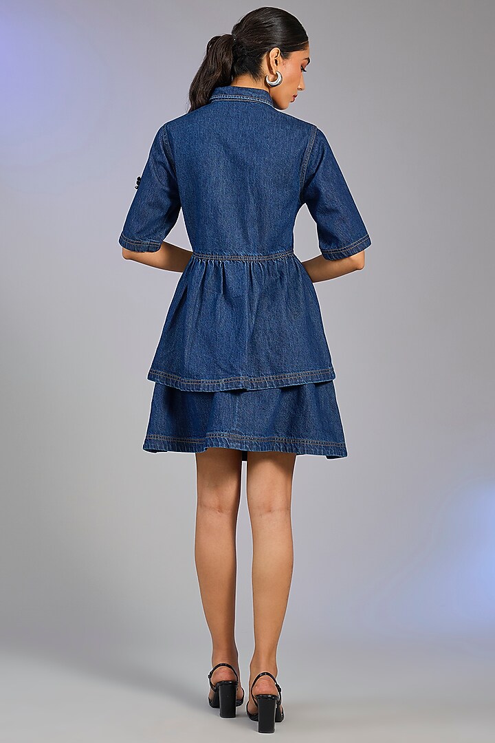 Blue Denim & Cotton Embellished Peplum Top by Kanika Goyal at Pernia's Pop Up Shop