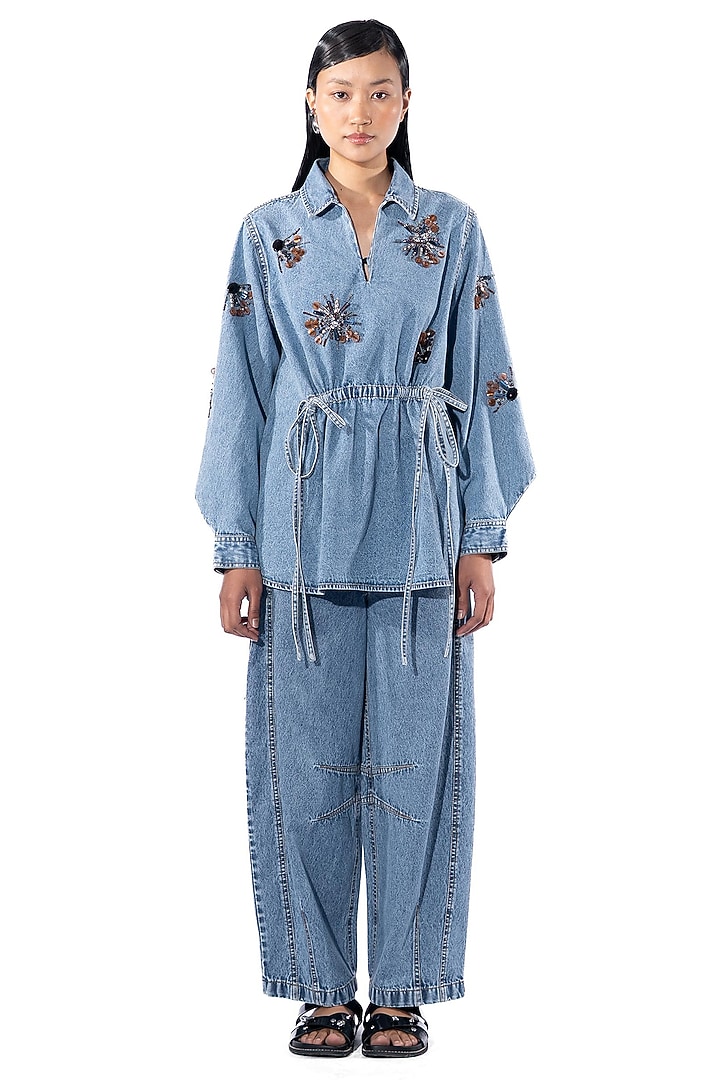 Light Blue Denim Cotton Embellished Co-Ord Set by Kanika Goyal at Pernia's Pop Up Shop