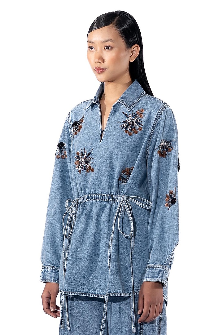 Light Blue Denim Cotton Embellished Co-Ord Set by Kanika Goyal at Pernia's Pop Up Shop