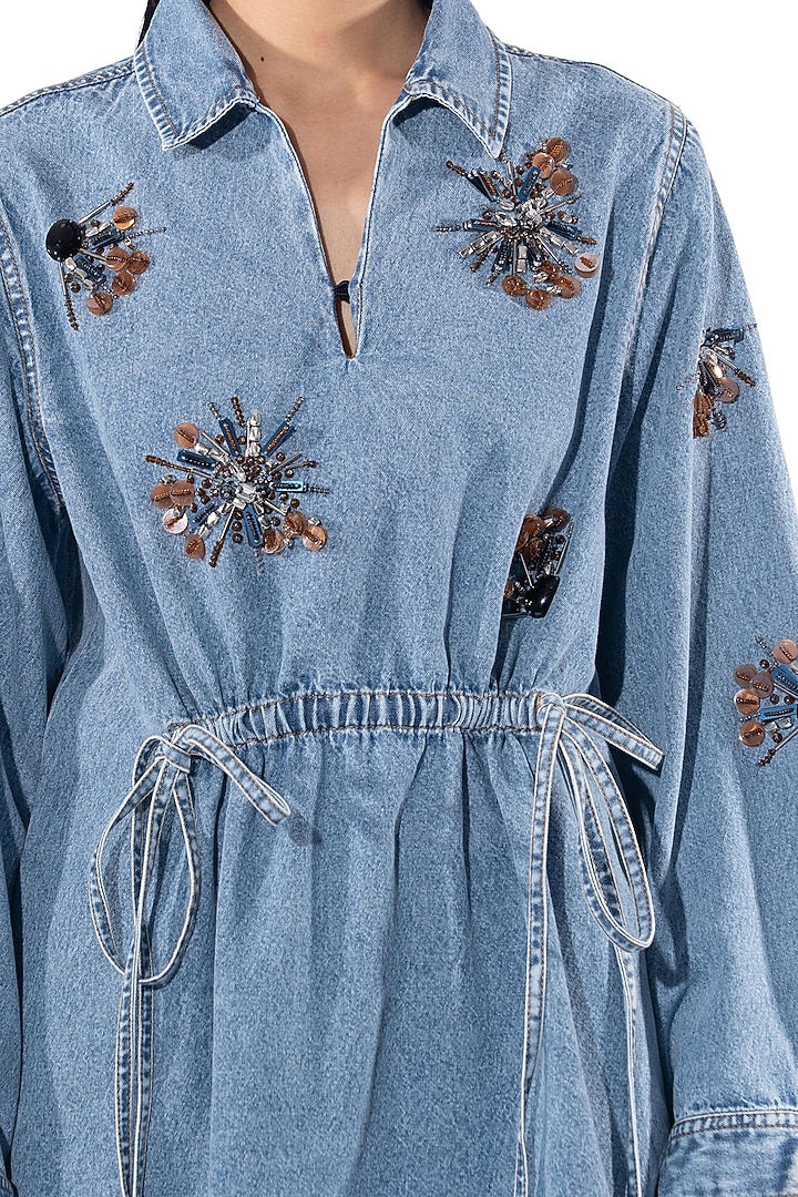 Light Blue Denim Cotton Embellished Co-Ord Set by Kanika Goyal at Pernia's Pop Up Shop