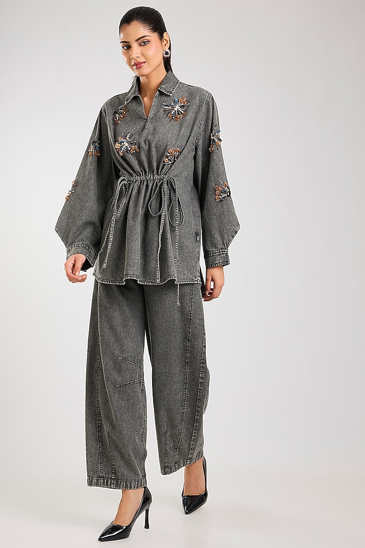 Grey Cotton Embellished Co-Ord Set by Kanika Goyal at Pernia's Pop Up Shop