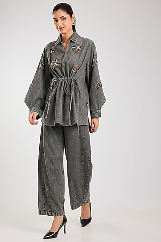 Grey Cotton Embellished Co-Ord Set by Kanika Goyal