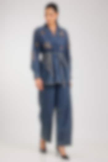 Dark Blue Cotton Embellished Co-Ord Set by Kanika Goyal at Pernia's Pop Up Shop