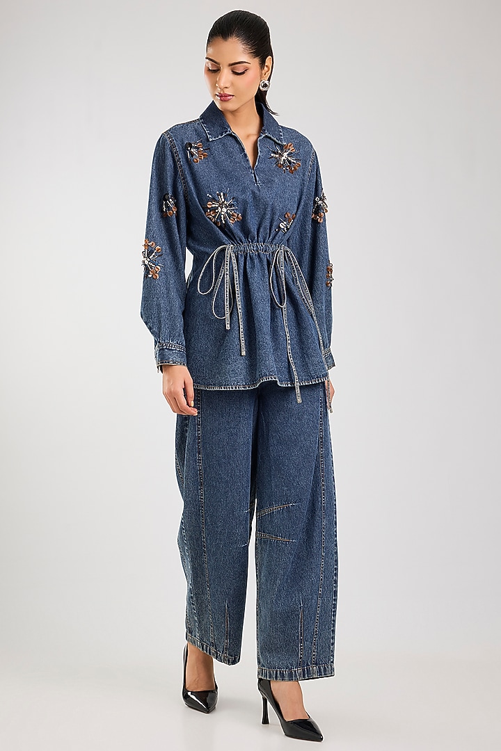 Dark Blue Cotton Embellished Co-Ord Set by Kanika Goyal at Pernia's Pop Up Shop