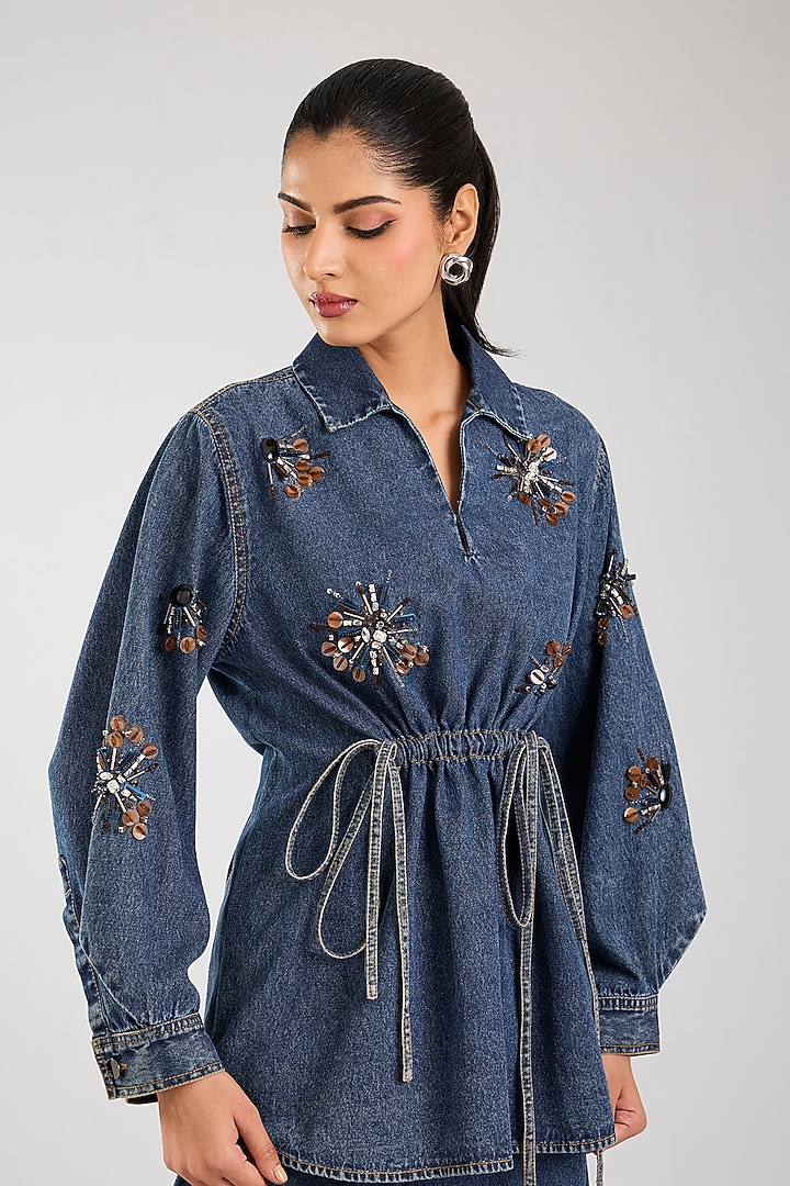 Dark Blue Cotton Embellished Co-Ord Set by Kanika Goyal at Pernia's Pop Up Shop