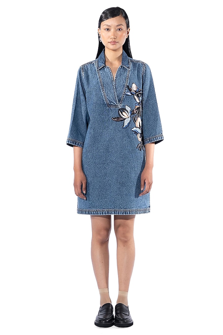 Blue Denim Cotton Embellished Vacation Dress by Kanika Goyal at Pernia's Pop Up Shop
