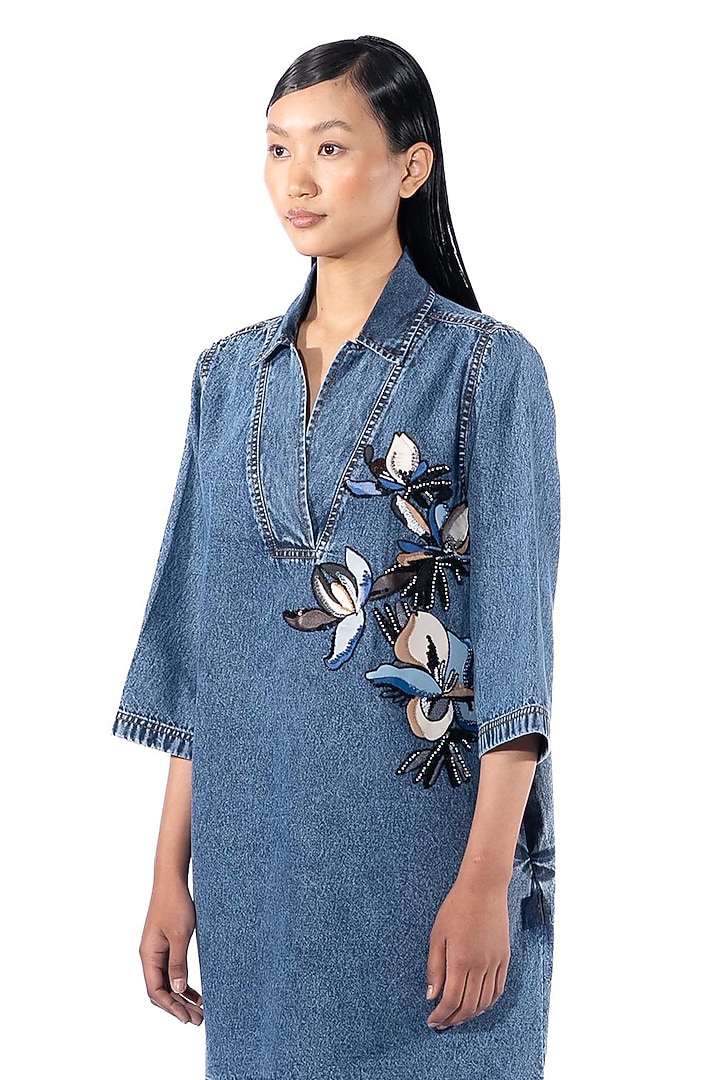 Blue Denim Cotton Embellished Vacation Dress by Kanika Goyal at Pernia's Pop Up Shop