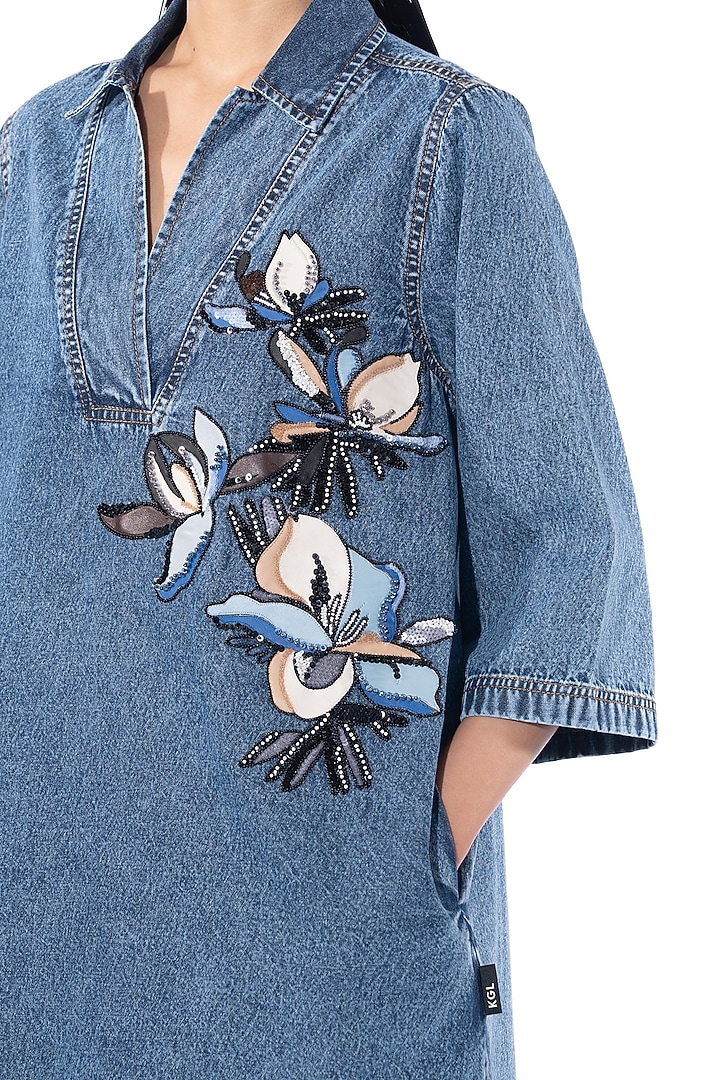 Blue Denim Cotton Embellished Vacation Dress by Kanika Goyal at Pernia's Pop Up Shop