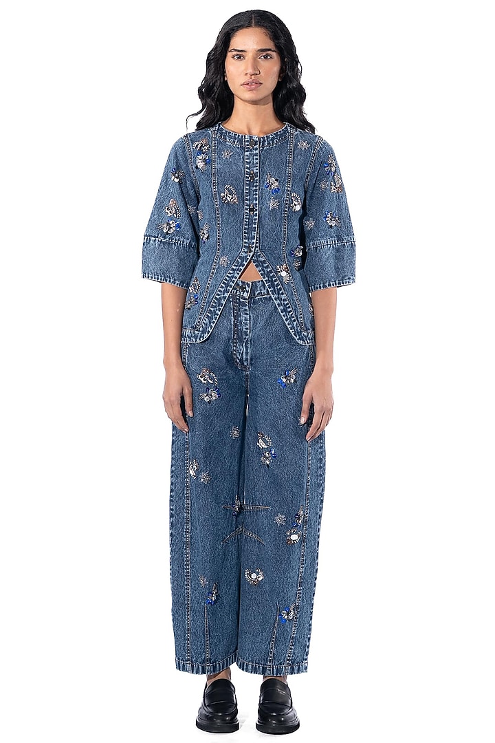 Midnight Blue Cotton Hand Embellished Co-Ord Set by Kanika Goyal at Pernia's Pop Up Shop