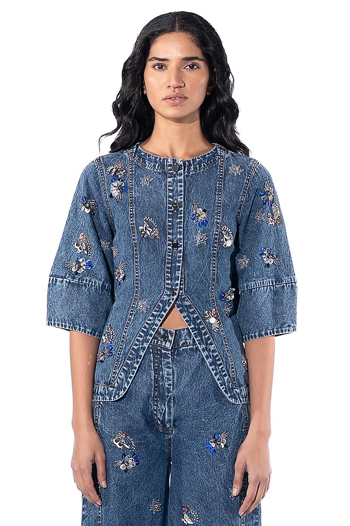 Midnight Blue Cotton Hand Embellished Co-Ord Set by Kanika Goyal at Pernia's Pop Up Shop