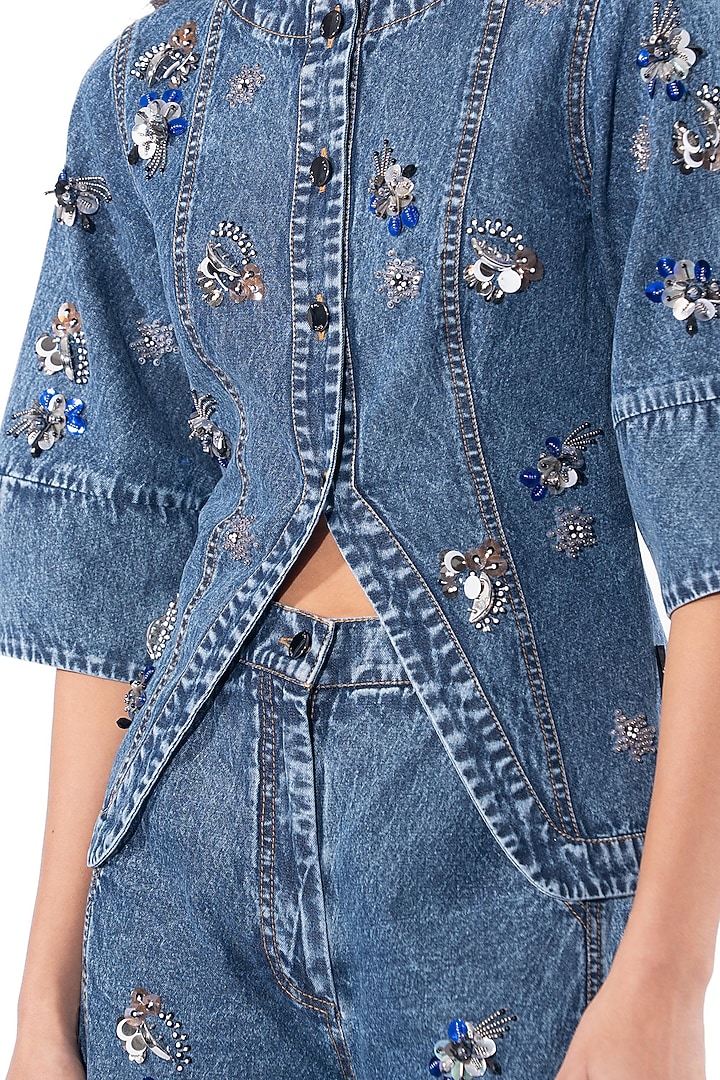 Midnight Blue Cotton Hand Embellished Co-Ord Set by Kanika Goyal at Pernia's Pop Up Shop