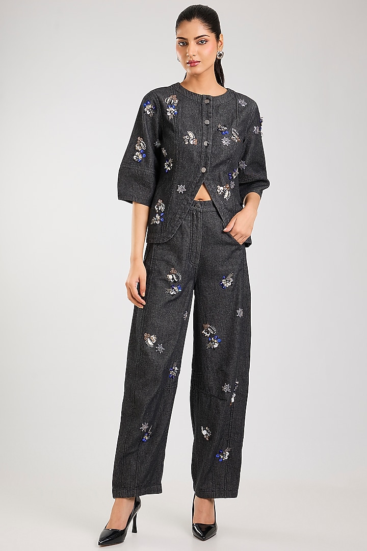 Black Cotton Embellished Co-Ord Set by Kanika Goyal at Pernia's Pop Up Shop