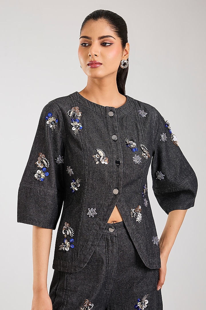Black Cotton Embellished Co-Ord Set by Kanika Goyal at Pernia's Pop Up Shop