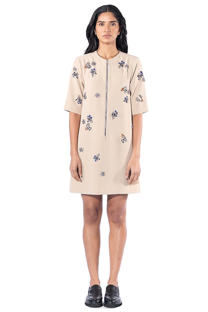 Beige Polyester Embellished Cocktail Dress by Kanika Goyal at Pernia's Pop Up Shop