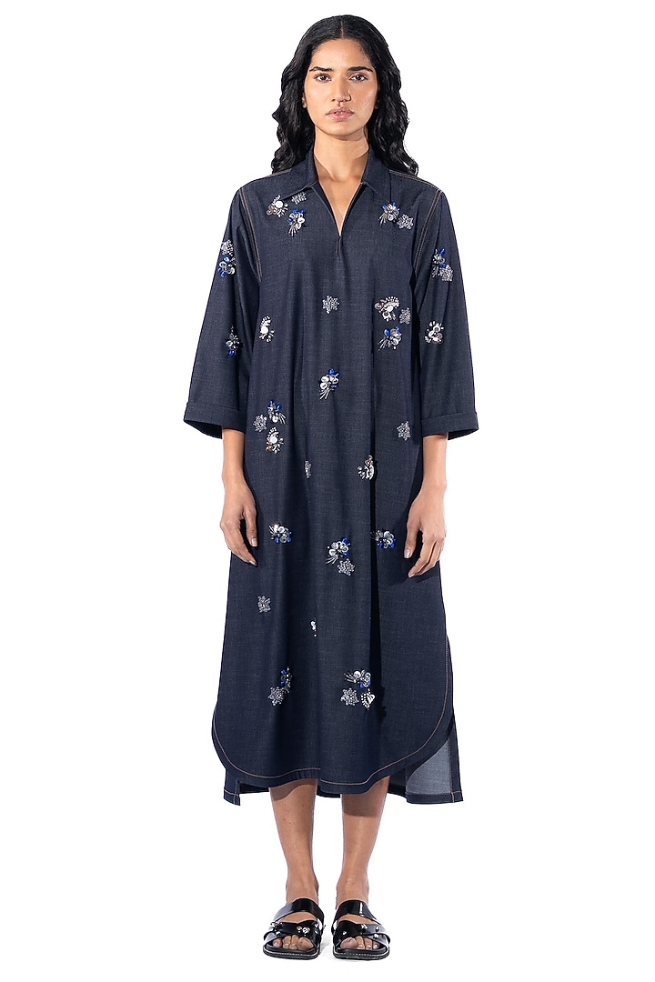 Navy Blue Cotton Embellished Vacation Dress by Kanika Goyal at Pernia's Pop Up Shop