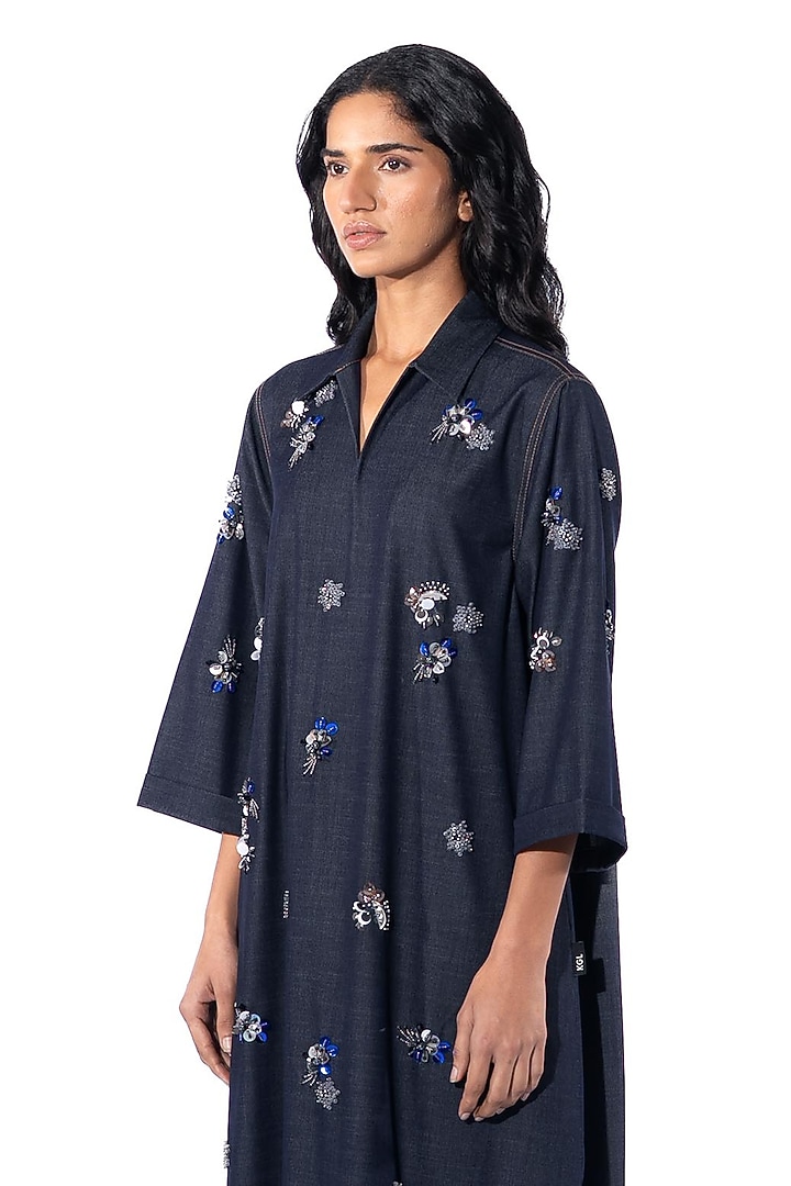 Navy Blue Cotton Embellished Vacation Dress by Kanika Goyal at Pernia's Pop Up Shop