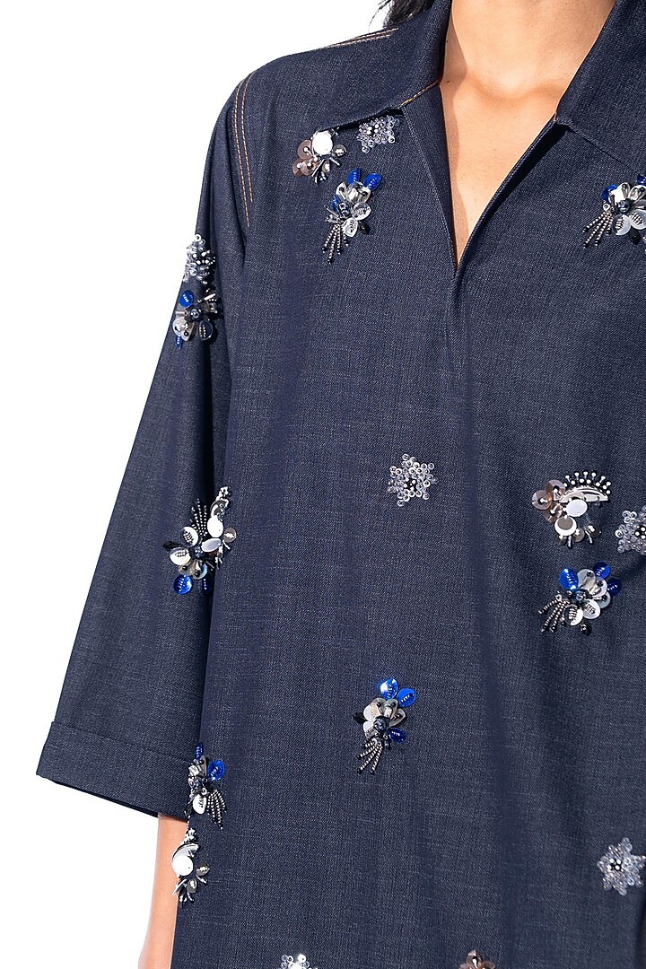 Navy Blue Cotton Embellished Vacation Dress by Kanika Goyal at Pernia's Pop Up Shop
