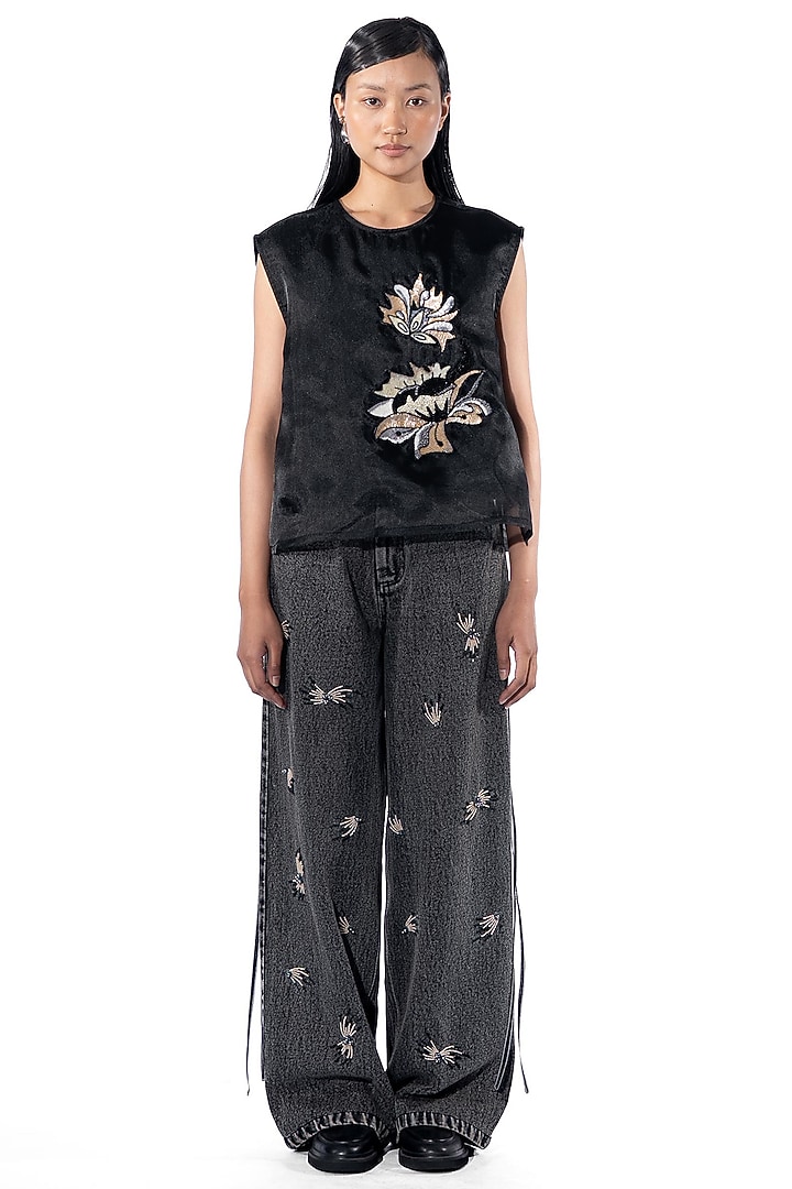 Black Polyester Hand Embellished Top by Kanika Goyal at Pernia's Pop Up Shop