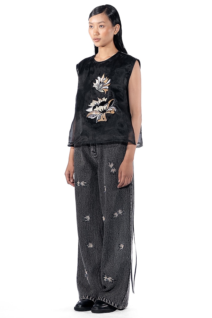 Black Polyester Hand Embellished Top by Kanika Goyal at Pernia's Pop Up Shop