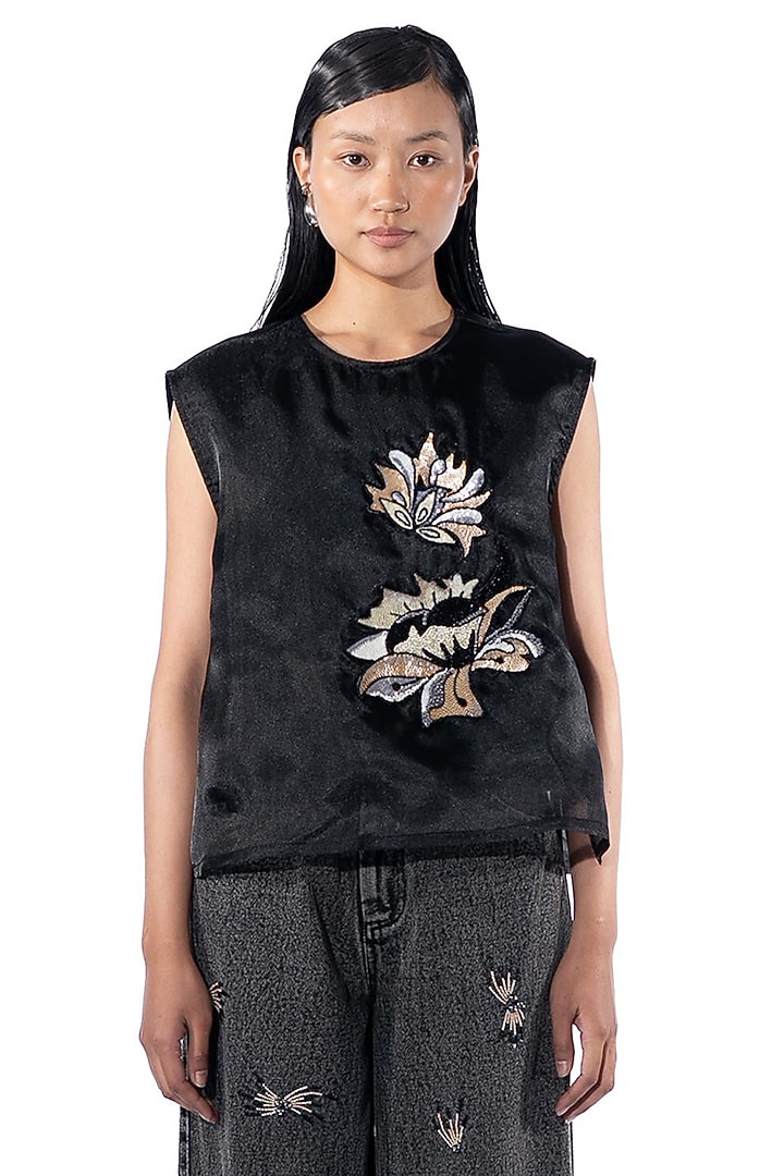 Black Polyester Hand Embellished Top by Kanika Goyal at Pernia's Pop Up Shop
