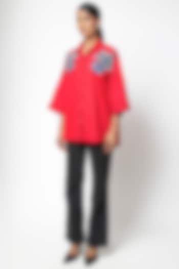 Red Cotton Hand Embellished Shirt by Kanika Goyal at Pernia's Pop Up Shop