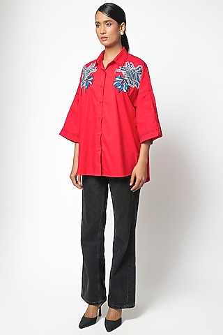 Red Cotton Hand Embellished Shirt by Kanika Goyal