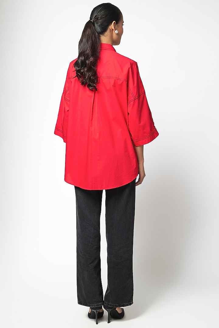 Red Cotton Hand Embellished Shirt by Kanika Goyal at Pernia's Pop Up Shop
