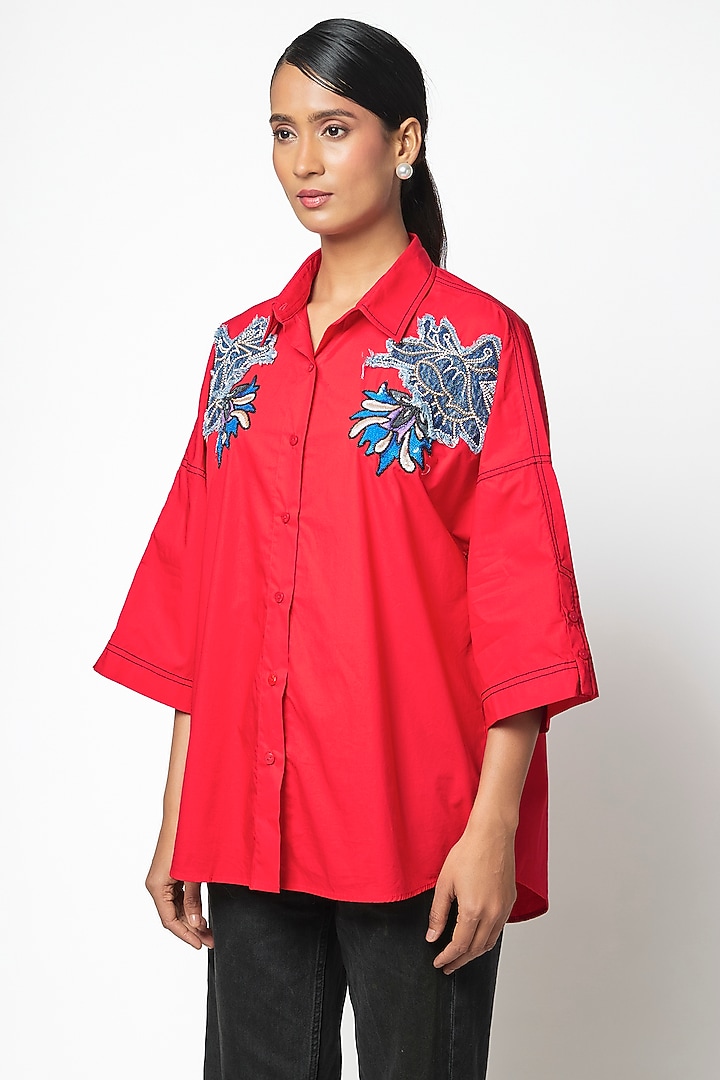 Red Cotton Hand Embellished Shirt by Kanika Goyal at Pernia's Pop Up Shop