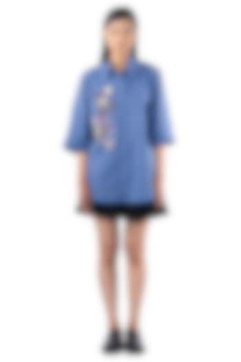 Blue Cotton Embellished Shirt by Kanika Goyal at Pernia's Pop Up Shop