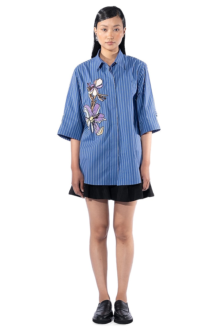 Blue Cotton Embellished Shirt by Kanika Goyal at Pernia's Pop Up Shop