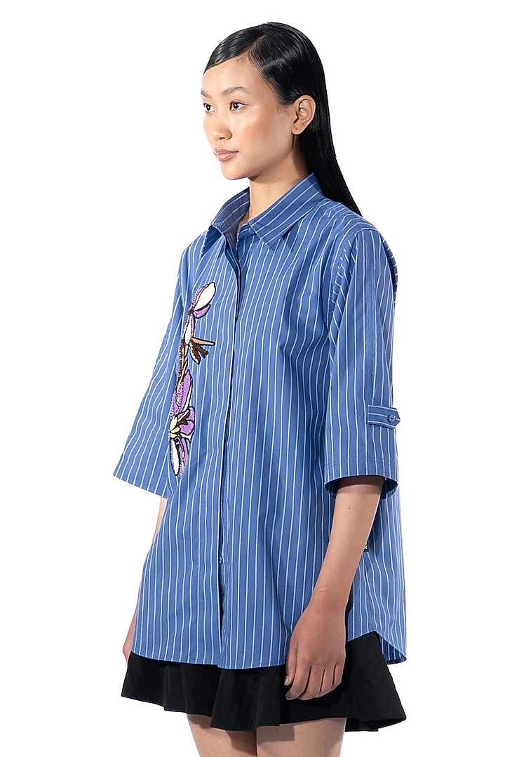 Blue Cotton Embellished Shirt by Kanika Goyal at Pernia's Pop Up Shop