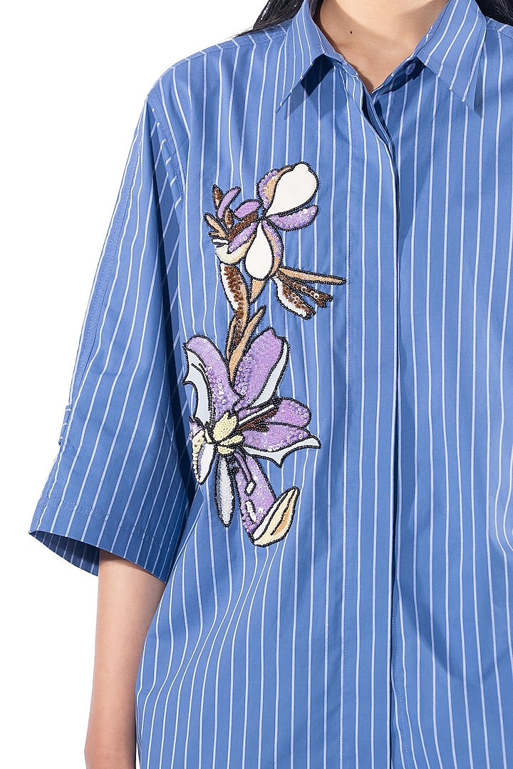 Blue Cotton Embellished Shirt by Kanika Goyal at Pernia's Pop Up Shop