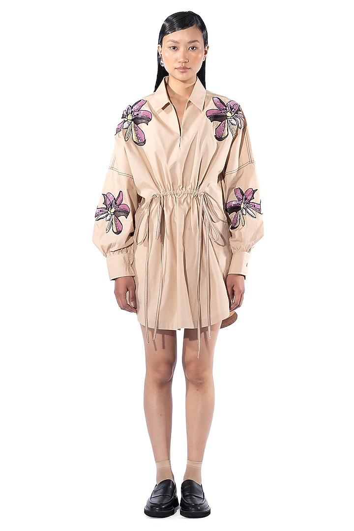 Beige Cotton Embellished Vacation Dress by Kanika Goyal at Pernia's Pop Up Shop